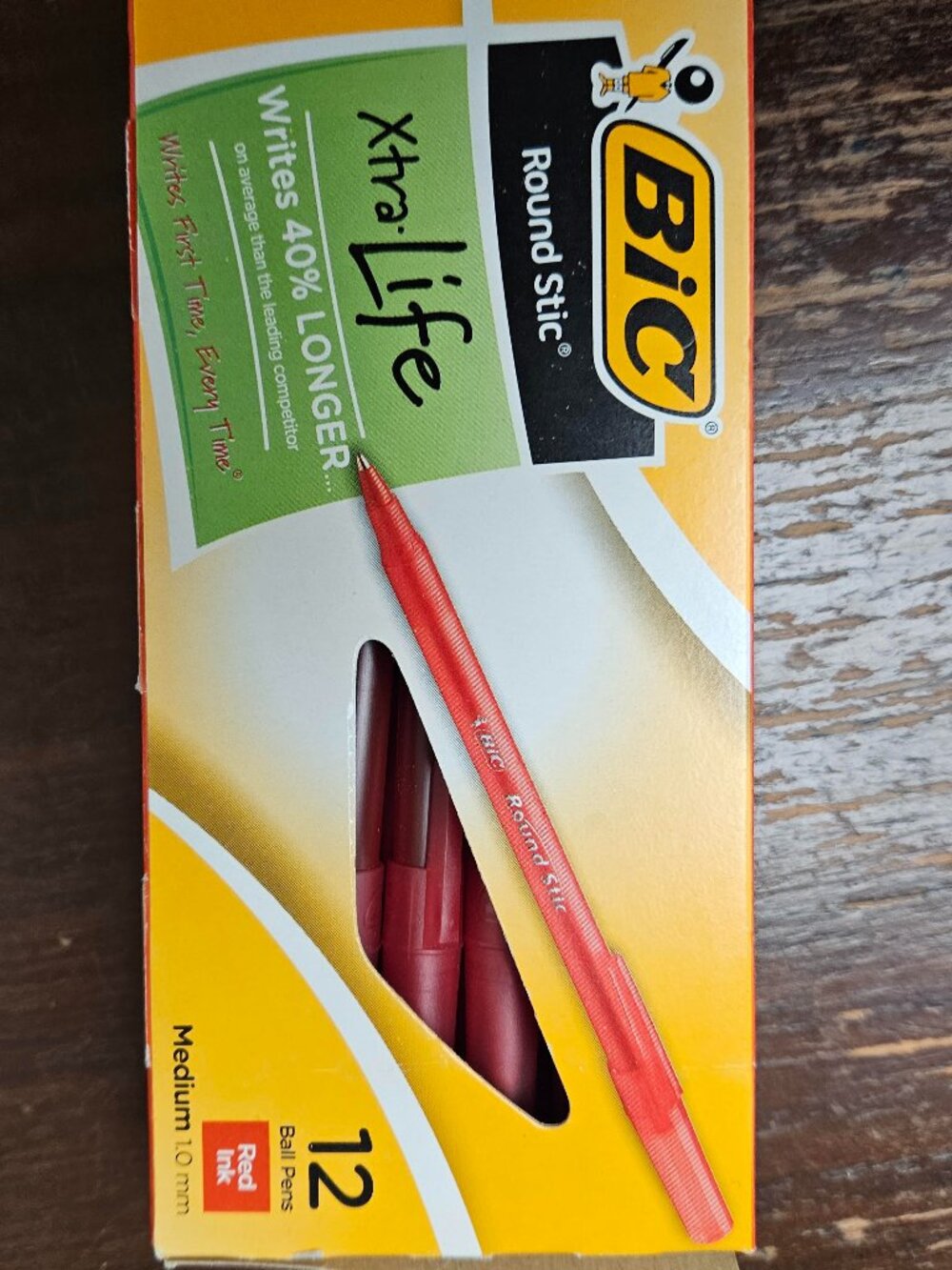 12 Pack Red ink BIC Round Stic Xtra Life Stick Ballpoint Pens Medium